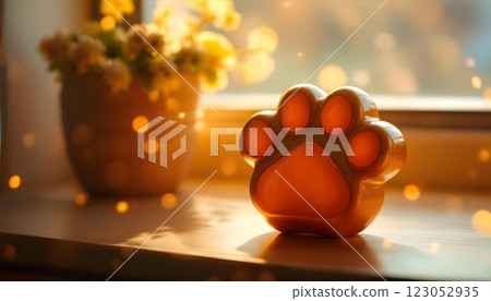 Experience the Warm Glow of a Charming Paw Shaped Decor Piece on a Sunlit Windowsill 123052935