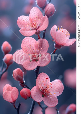 Closeup of Beautiful Pink Cherry Blossoms in Full Bloom, Creating Serene Scene in Nature 123052958