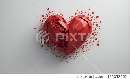 Faceted Red Heart Sculpture with Shattered Effect, Abstract Love Symbol on White Background 123052962