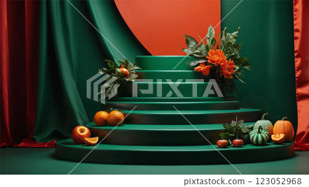 Green tiered podium with autumn decor and pumpkins on red backdrop 123052968