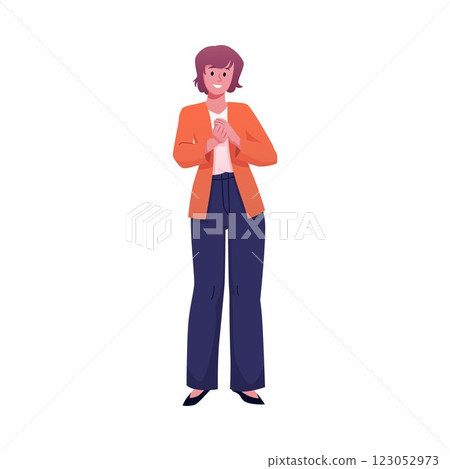 Applauding woman, showing appreciation, vector flat happy female character clapping hands, encouragement arm gesture Applauding woman, showing appreciation, vector flat happy female character clapping hands, encouragement arm gesture 123052973