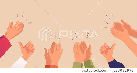 Human hands clapping ovation, people crowd applauding, encouragement and congratulating, showing appreciation, thumbs up 123052975