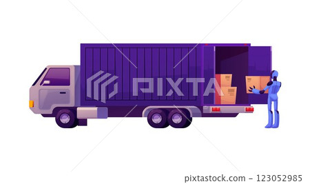 Vector illustration of a robot putting boxes into a truck. Vector illustration of a robot putting boxes into a truck. 123052985
