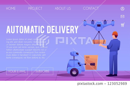 Automatic delivery technology vector landing page design, robotic quadcopter delivers package, logistics transportation Automatic delivery technology vector landing page design, robotic quadcopter delivers package, logistics transportation 123052989