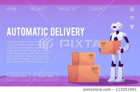 Automatic delivery technology vector landing page design, industrial robot carry cardboard box, transportation, logistic 123052991