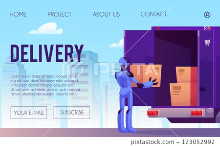 Vector illustration of a web page with a robot loading boxes into a truck. Vector illustration of a web page with a robot loading boxes into a truck. 123052992