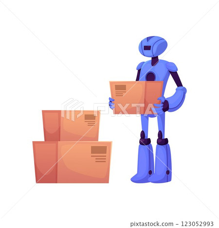 Cartoon robot carries cardboard box, industrial robot transportation, automatic logistics process delivery flat vector Cartoon robot carries cardboard box, industrial robot transportation, automatic logistics process delivery flat vector 123052993