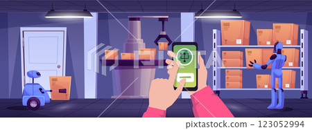 Vector illustration of a man's hands with a phone controlling robots in a manufacturing facility. 123052994