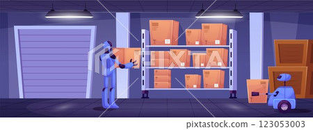 Illustration with various robots placing boxes on a shelf in a manufacturing facility. 123053003
