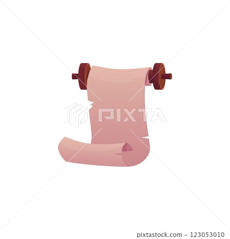 Ancient parchment roll, vector game old paper blank scroll on wooden hub, open papyrus vintage texture and ripped edges Ancient parchment roll, vector game old paper blank scroll on wooden hub, open papyrus vintage texture and ripped edges 123053010