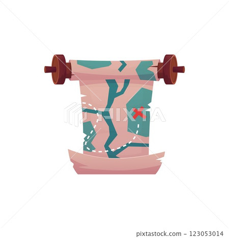 Ancient game map parchment roll with the path to the marked destination, old paper scroll on wooden hub vector flat icon Ancient game map parchment roll with the path to the marked destination, old paper scroll on wooden hub vector flat icon 123053014