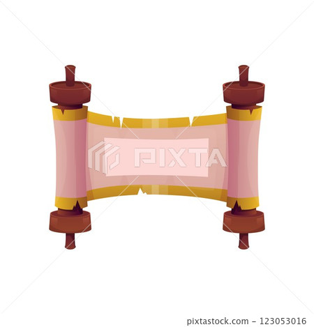 Ancient parchment roll, paper blank scroll on the wooden hub, vector game open manuscript papyrus ripped yellow edges 123053016