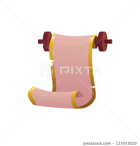 Ancient parchment roll, paper blank scroll on the wooden sleeve, vector game open manuscript papyrus ripped yellow edges 123053020