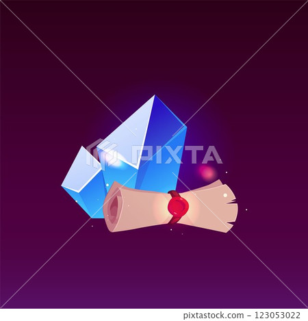 Ancient paper scroll with red wax seal, blue crystals, vector old parchment roll vintage texture, game papyrus with gem 123053022