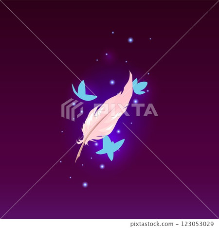 Magic feather with glowing butterflies, sparks vector illustration, cartoon bird plume, game fairytale symbol on purple 123053029