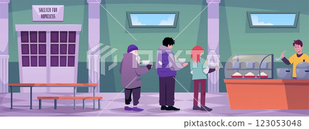 Vector illustration of homeless people standing in a shelter in line for food. 123053048
