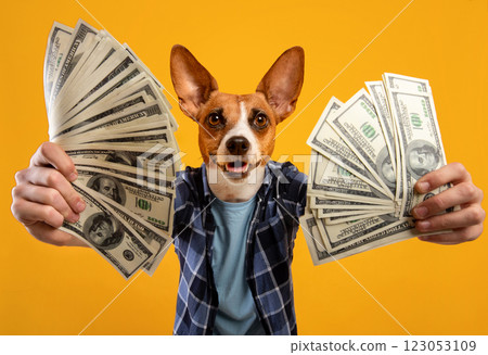 A dog with a human head and body is holding two fans of US dollar bills in its hands. The dog has a happy expression, and the background is a bright yellow color. 123053109
