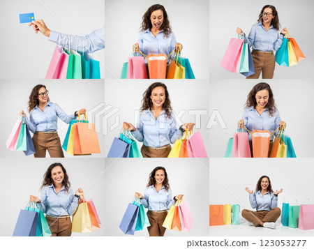 Joyful individuals express excitement while shopping during Black Friday sales, showcasing their colorful bags filled with great discounts and offers. Each participant enjoys the thrill of saving. Joyful individuals express excitement while shopping during Black Friday sales, showcasing their colorful bags filled with great discounts and offers. Each participant enjoys the thrill of saving. 123053277