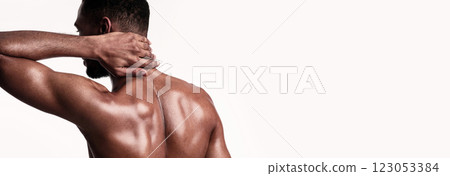 Unrecognizable Athlete Man Having Neck Pain Standing On White Studio Background. Back View, Panorama Unrecognizable Athlete Man Having Neck Pain Standing On White Studio Background. Back View, Panorama 123053384