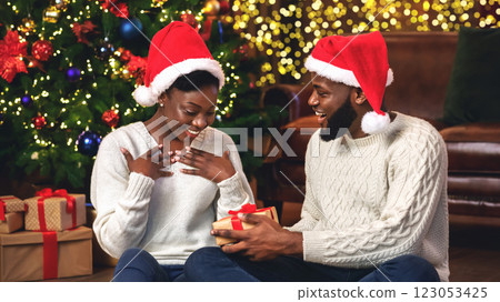 Loving black guy surprising his girlfriend with Christmas gift, sitting on floor near Xmas tree 123053425