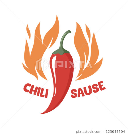 Spicy Chili Pepper With Flames Hot Sauce Logo. Fiery Chili Pepper Illustration For Spicy Food Branding. Chili Pepper Vector Art with Fire for Hot Sauce Label, Icon For Mexican Cuisine 123053504