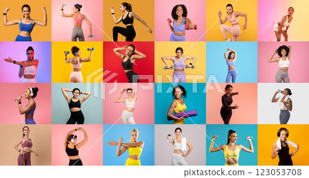 A lively display of women participating in different exercise routines, showcasing their strength and determination. 123053708