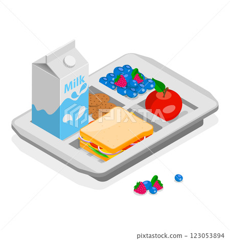 3D Isometric Flat Set of School Lunch Boxes. Item 1 3D Isometric Flat Set of School Lunch Boxes. Item 1 123053894