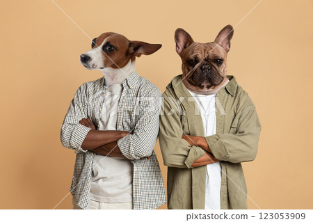 Two dogs are standing with their arms crossed in front of a tan background. The dogs are facing forward and appear to be posing for a photograph. Two dogs are standing with their arms crossed in front of a tan background. The dogs are facing forward and appear to be posing for a photograph. 123053909
