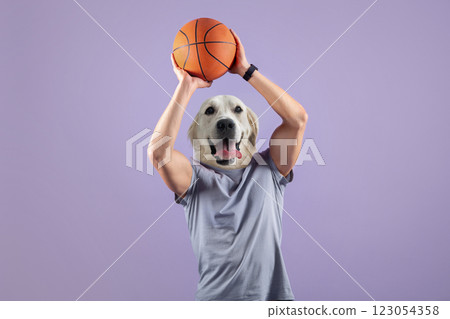 In a playful twist, a person is captured mid-shot while playing basketball, but with a dog's head instead of a human's. The vibrant purple backdrop enhances the whimsical nature of the moment In a playful twist, a person is captured mid-shot while playing basketball, but with a dog's head instead of a human's. The vibrant purple backdrop enhances the whimsical nature of the moment 123054358