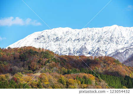Autumn foliage in Oku-Daisen and snow-capped Mt. Daisen Autumn foliage in Oku-Daisen and snow-capped Mt. Daisen 123054432