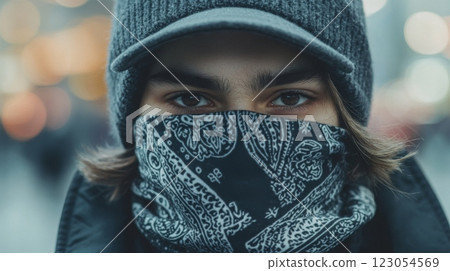 A young individual wearing a hat and a bandana stands in a busy city, watching the world around them as ambient lights glow in the background. 123054569