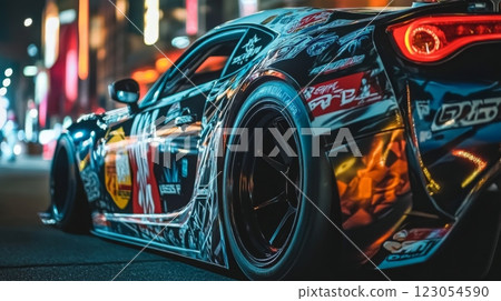 A modified drift car adorned with striking graphics is parked on a bustling city street, illuminated by colorful lights at night. 123054590