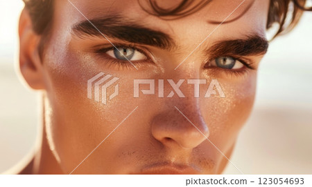 A close-up portrait of a man's face, showing his blue eyes and a hint of his nose. His skin is sun-kissed and glowing. A close-up portrait of a man's face, showing his blue eyes and a hint of his nose. His skin is sun-kissed and glowing. 123054693