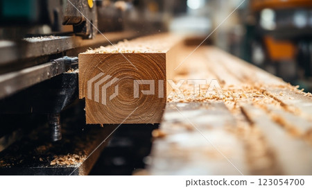 A square piece of wood passes through a machine, producing shavings as it is shaped and refined in a busy workshop. A square piece of wood passes through a machine, producing shavings as it is shaped and refined in a busy workshop. 123054700