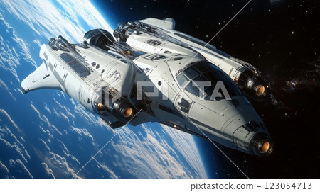 A sleek, advanced spacecraft hovers above Earth, showcasing its stunning design against the backdrop of swirling clouds and the vastness of space 123054713