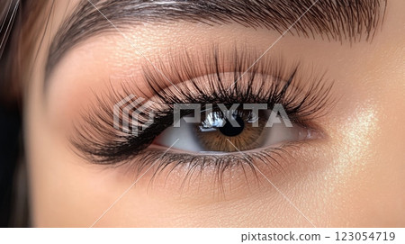 A close-up of a stunning eye features beautifully defined eyelashes that add volume and elegance. The warm tones of the iris complement the makeup, highlighting natural beauty in detail. 123054719
