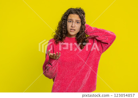Sad young girl loses becoming surprised by lottery results bad fortune loss unlucky fortune news 123054857