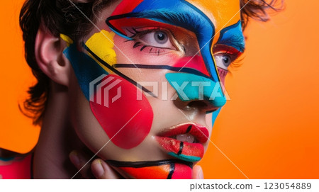 A man with colorful face paint looks to the right, with an orange background. 123054889