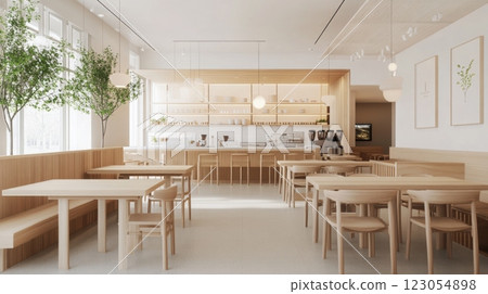 A spacious cafe features light wood furniture and natural light filtering through large windows, creating a warm and inviting atmosphere. 123054898