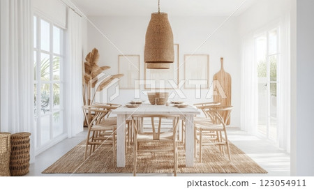 The dining area features a large wooden table surrounded by stylish chairs, enhanced by wicker light fixtures and natural decor elements 123054911