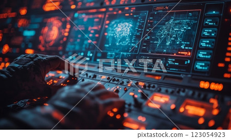 A person interacts with colorful control panels filled with data visualizations, showcasing a complex interface in a dark, high-tech operations center. 123054923