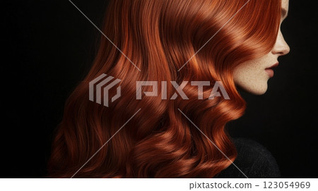 A woman showcases her luscious, long red hair with elegant waves, highlighted against a deep black background. 123054969