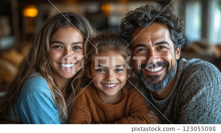A happy family of three, including a smiling father, mother, and daughter, embrace each other in a warm and inviting indoor space filled with soft lighting. 123055098