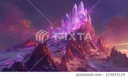 A glowing crystal city sits atop a snow-covered mountain peak, bathed in the light of a purple sunset. A glowing crystal city sits atop a snow-covered mountain peak, bathed in the light of a purple sunset. 123055124