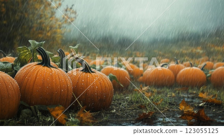A close-up view of a pumpkin patch during a heavy rainstorm. Several pumpkins are visible in the foreground, with the rest of the field blurred in the background 123055125