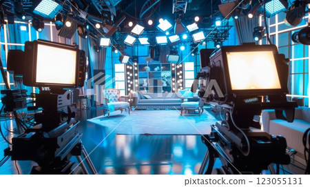 Two television cameras are positioned on tripods in a brightly lit television studio set. The set features a couch, two chairs, and a large screen. 123055131