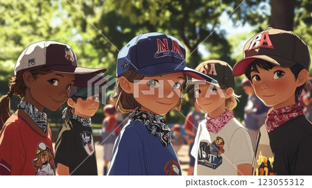 Five children of diverse backgrounds smile while wearing hats and bandanas, gathering in a sunny park setting filled with greenery. 123055312