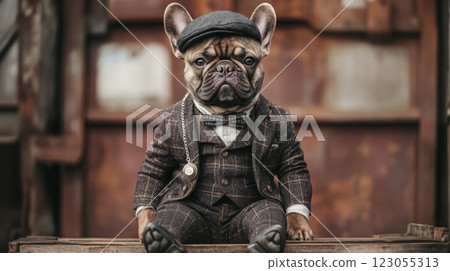 A French bulldog sits proudly on a wooden surface, wearing a dapper suit and a cap. The dog showcases a charming expression in a rustic outdoor setting, exuding personality and style. 123055313