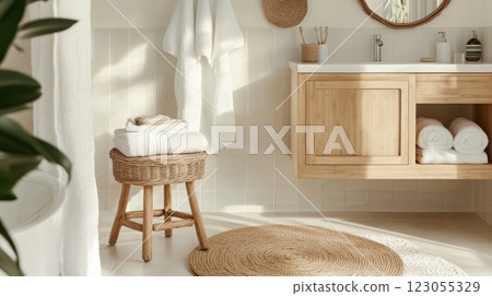 A bright and inviting bathroom showcases a wooden vanity with neatly stacked towels, a woven stool, and a round rug, all bathed in warm sunlight filtering through the window. 123055329