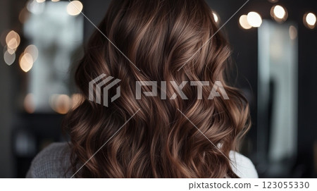 A woman with long, wavy brown hair is turned away, showcasing her hair against a softly illuminated backdrop filled with warm lights. 123055330